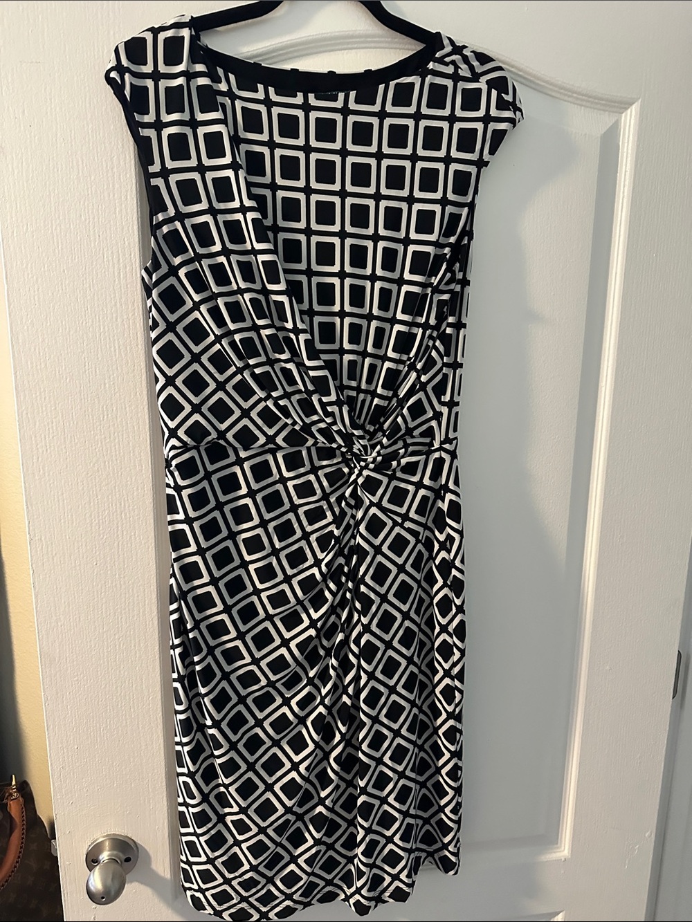 Ralph Lauren Black and White Geometric Knot-Front Midi Dress